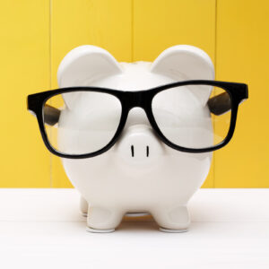 White piggy bank with glasses on against yellow background