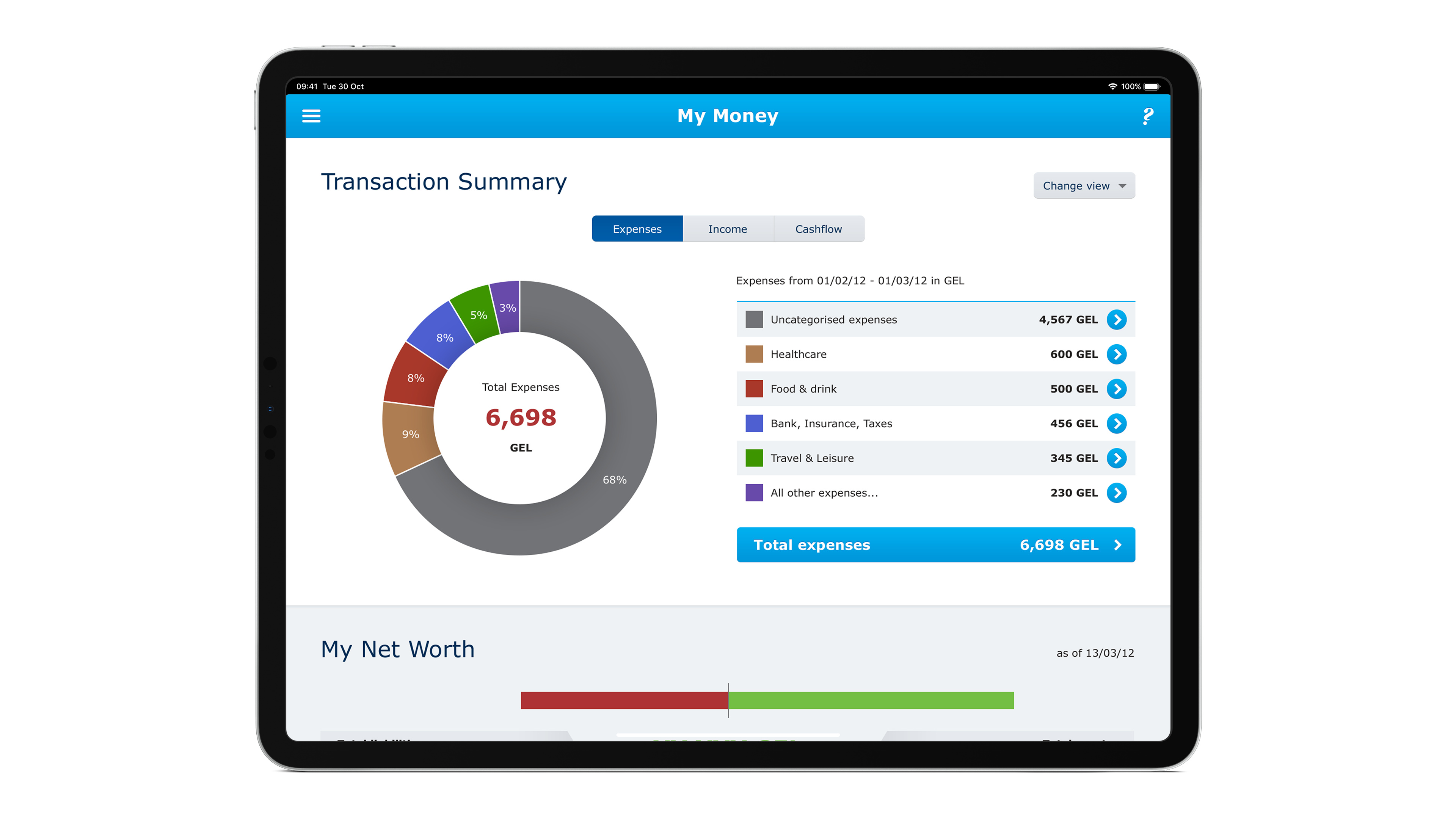 Ipad view of TBC transaction summary