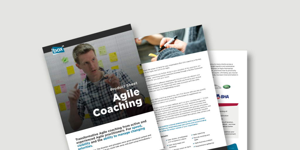 Spread showing pages from Agile Coaching product sheet