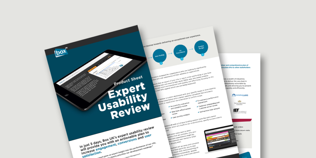 Spread showing pages from Expert Usability Review product sheet