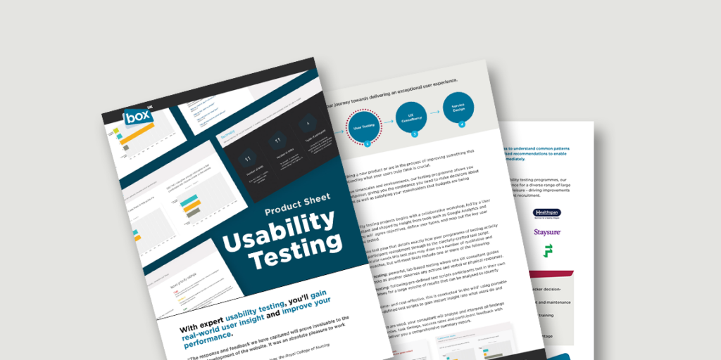 Spread showing pages from Usability Testing product sheet