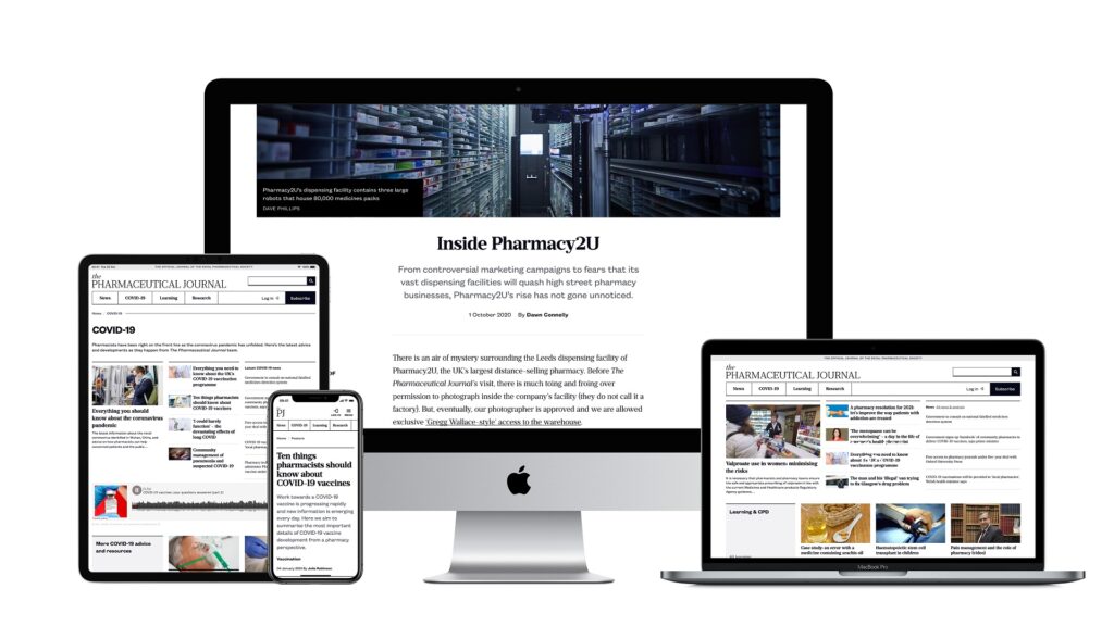 Selection of screenshots of the Pharmaceutical Journal website on a range of devices