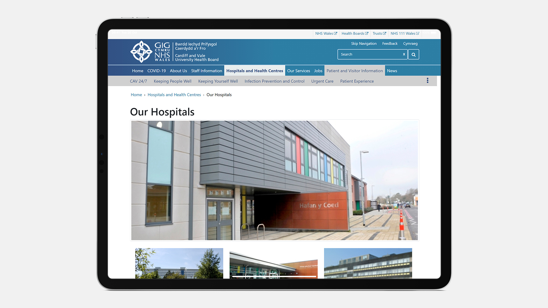 Screenshot of the NHS Wales Cardiff and Vale University Health Board website